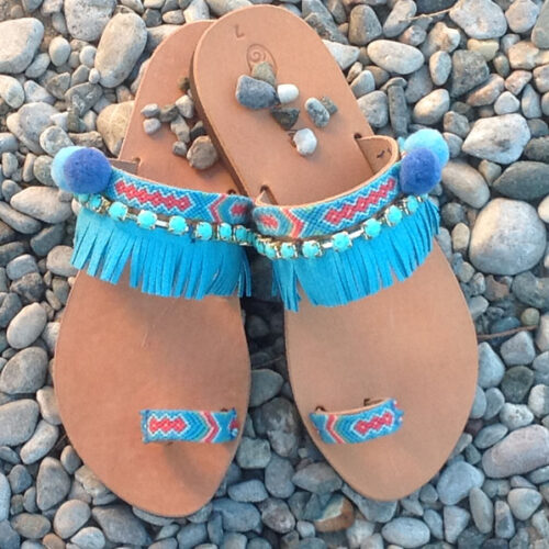 Greek Leather Sandals Turquoise Blue Pom Pom