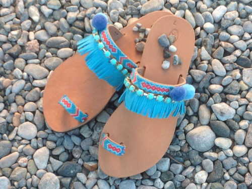 Greek Leather Sandals Turquoise Blue Pom Pom