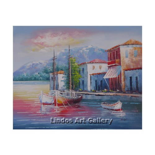 Three Boats in Greek Harbour Oil Painting