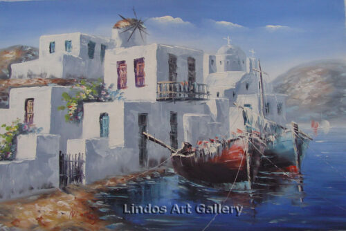 Greek Fishing Village Oil Painting
