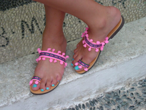 Greek Leather Sandals Hot Pink Pom Poms Boho