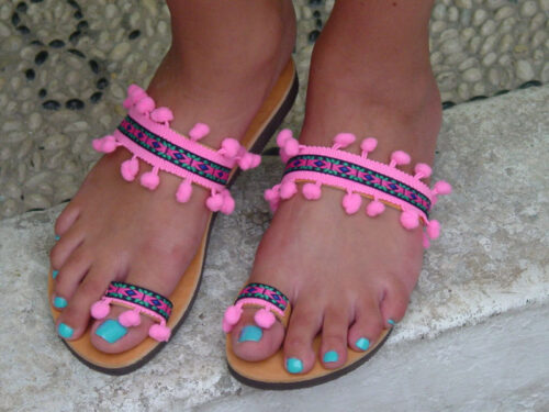 Greek Leather Sandals Hot Pink Pom Poms Boho