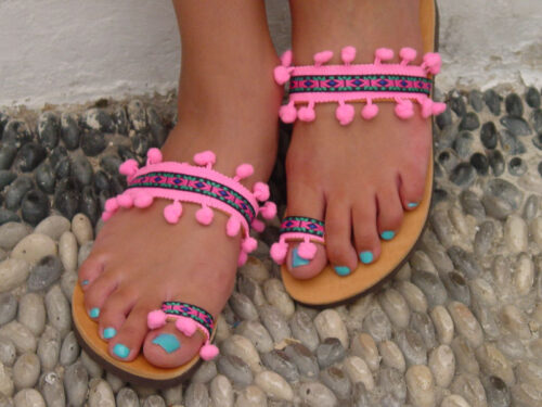 Greek Leather Sandals Hot Pink Pom Poms Boho