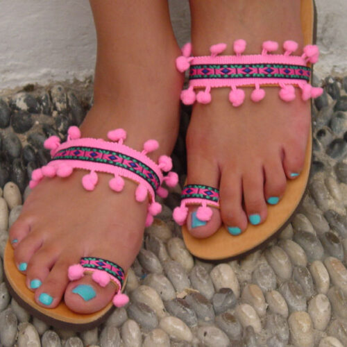 Greek Leather Sandals Hot Pink Pom Poms Boho