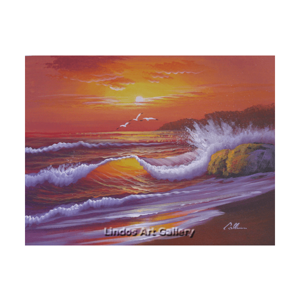 Orange Sunset Seascape Oil Painting - Lindos Art Gallery