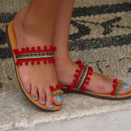 Greek Leather Sandals Red Pom Poms Boho