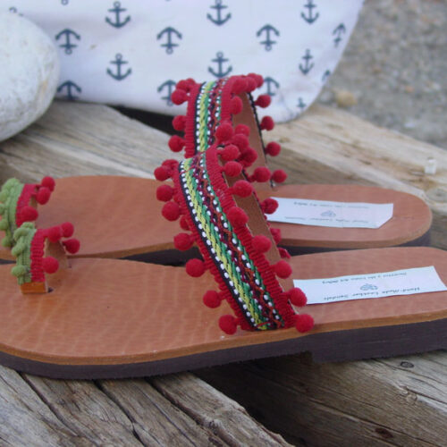 Greek Leather Sandals Red Pom Poms Boho