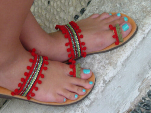 Greek Leather Sandals Red Pom Poms Boho