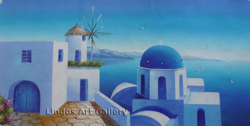 Santorini Blue Church and Windmill Painting