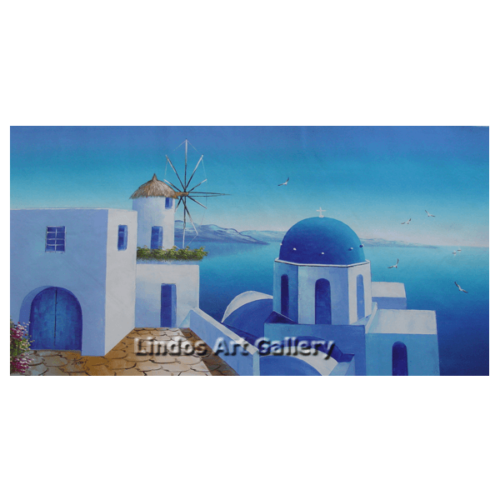 Santorini Blue Church and Windmill Painting