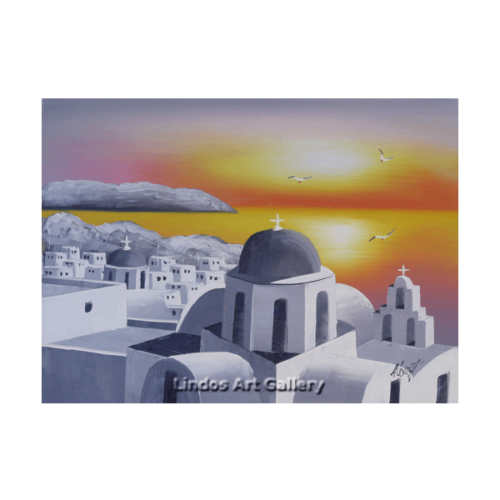 Santorini Churches Sunset Greytone Oil Painting