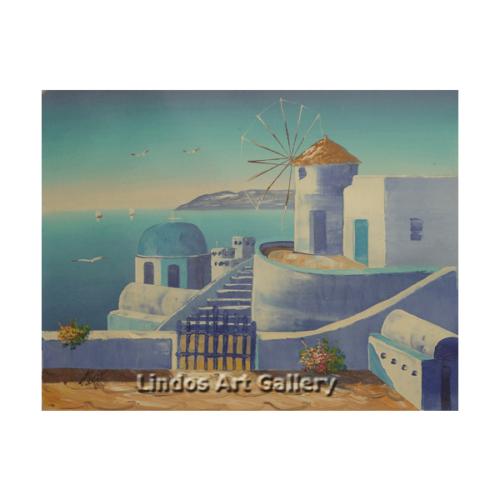 Santorini Church and Windmill Oil Painting
