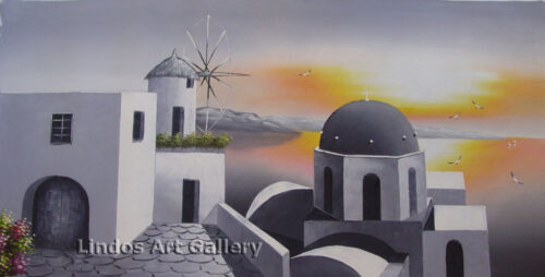 Santorini Church and Windmill Grey Tone Painting