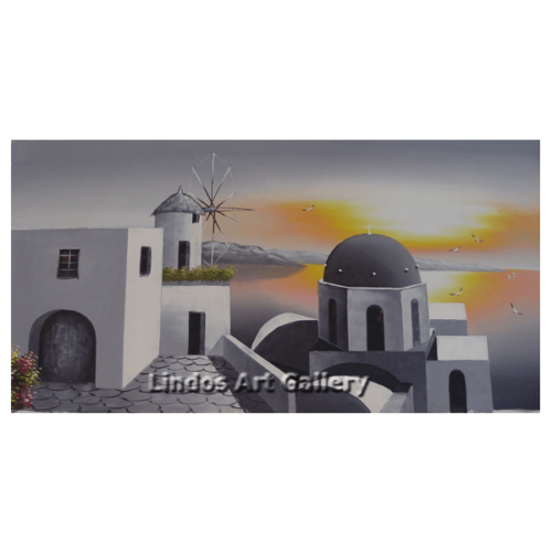 Santorini Church and Windmill Grey Tone Painting