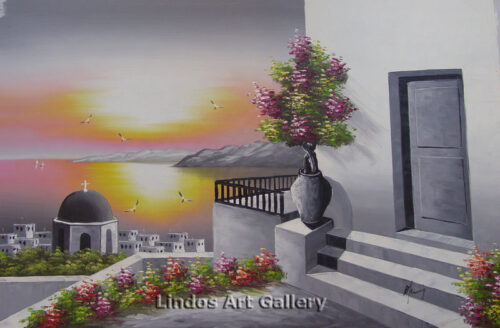 Santorini Greytone and Sunset Oil Painting