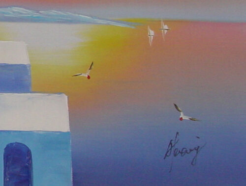 Greek Island Windmill and Church Painting