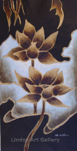 Textured Gold Flowers on Black Oil Painting