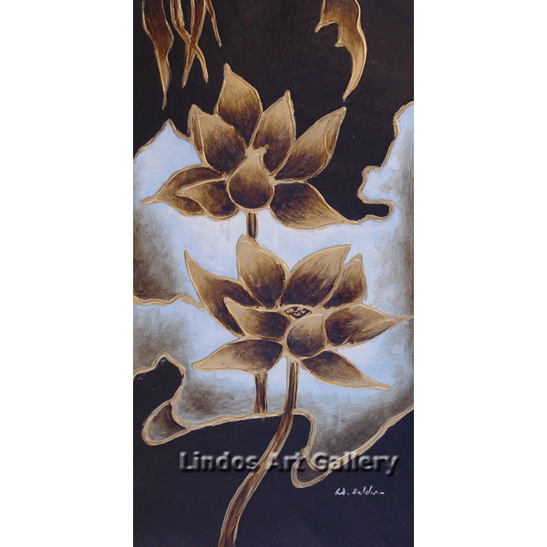 Textured Gold Flowers on Black Oil Painting - Lindos Art Gallery