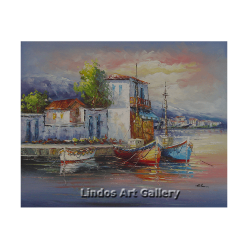 Three Boats in Greek Harbour Oil Painting