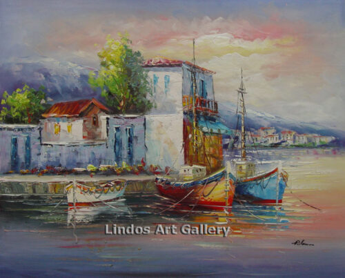 Three Boats in Greek Harbour Oil Painting