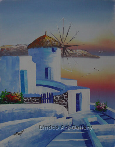 Windmill with Sunset on the Sea Painting