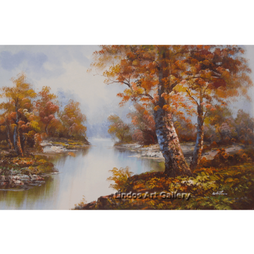 Forest trees and river oil painting