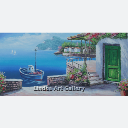 House with Green Door by the Sea Painting