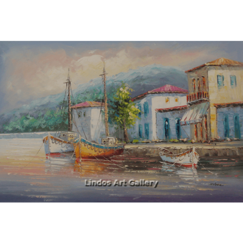 Three Boats in Harbour Oil Painting