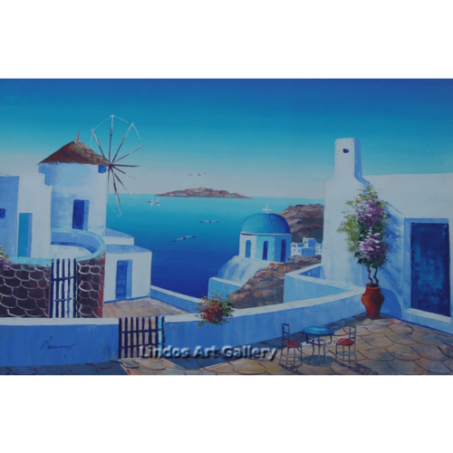 Blue Church Windmill Table Chairs Oil Painting
