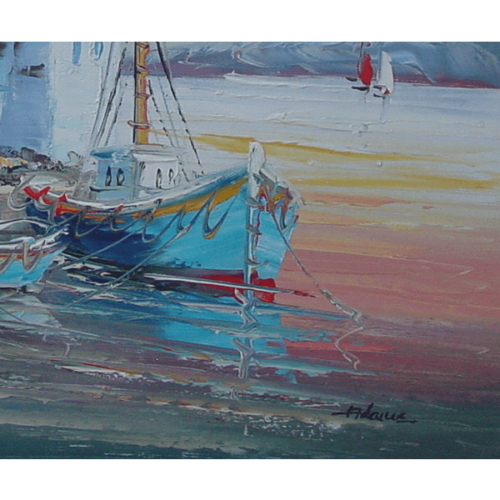 Boats in Harbor Oil Painting