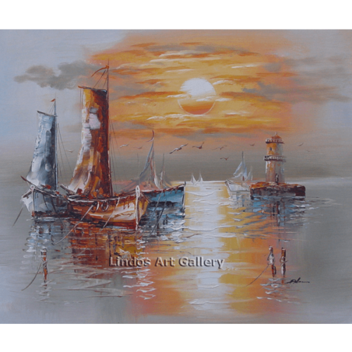 Fishing Boats in Sea Oil Paintinga