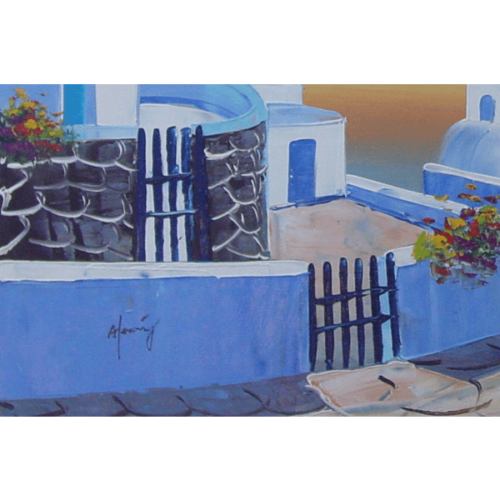 Santorini Church Sunset Oil Painting