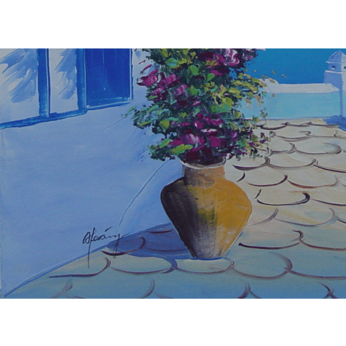 Santorini Courtyard Oil Painting