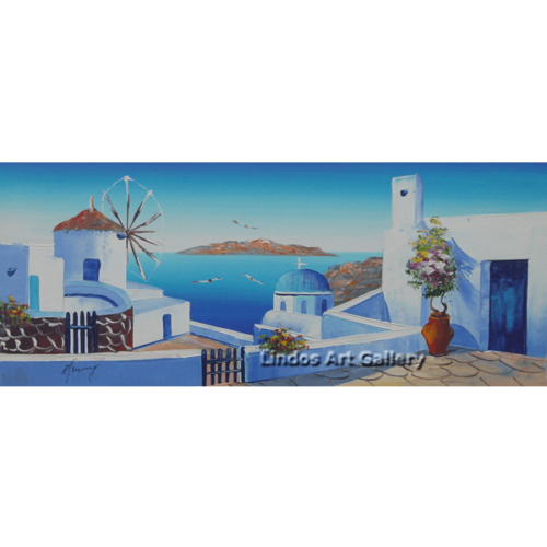 Greek Windmill and Church Painting