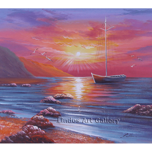 Fishing Boat Red Seaview Oil Painting