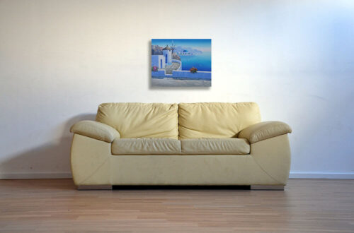 Greek Island Windmill View Oil Painting.