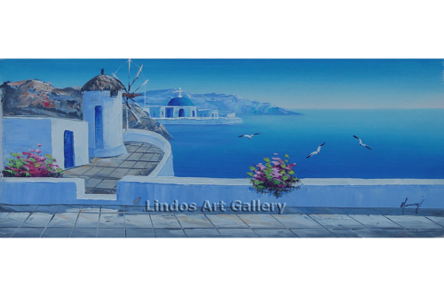 Greek Windmill Church Blue Sea Oil Painting