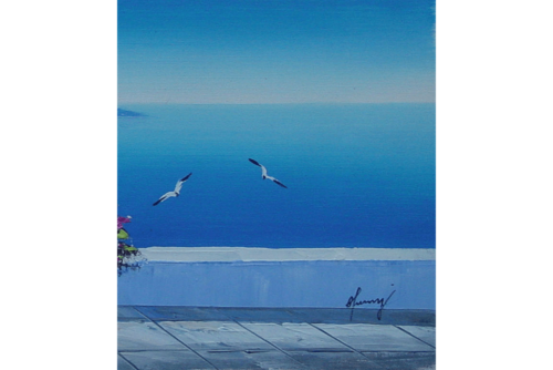 Greek Windmill Church Blue Sea Oil Painting