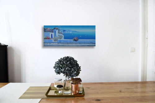 Greek Windmill Church Blue Sea Oil Painting