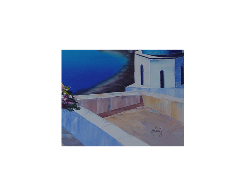 Greek Windmill Blue Church Oil Painting