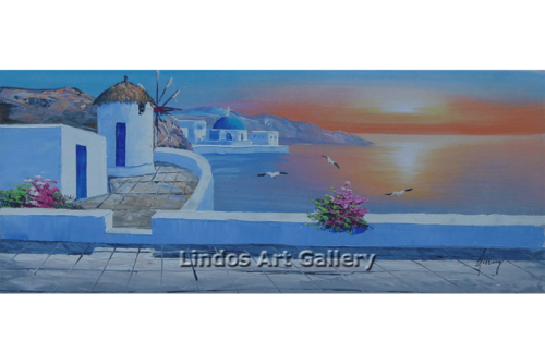 Greek Windmill Church Sunset Oil Painting
