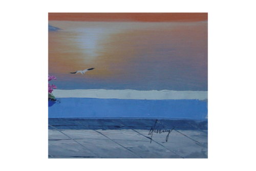 Greek Windmill Church Sunset Oil Painting