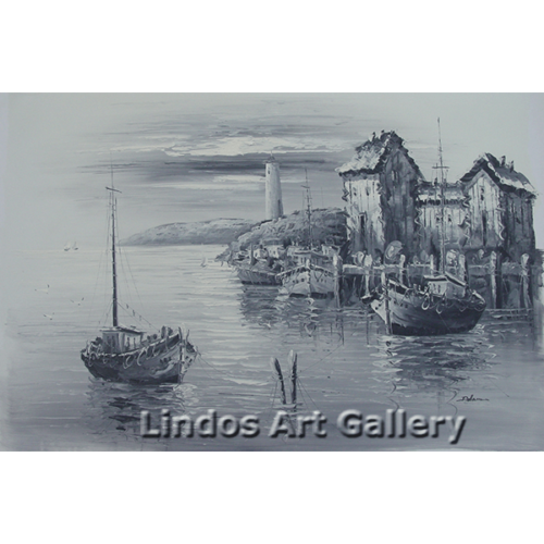 Black and White Boat Harbour Oil Painting