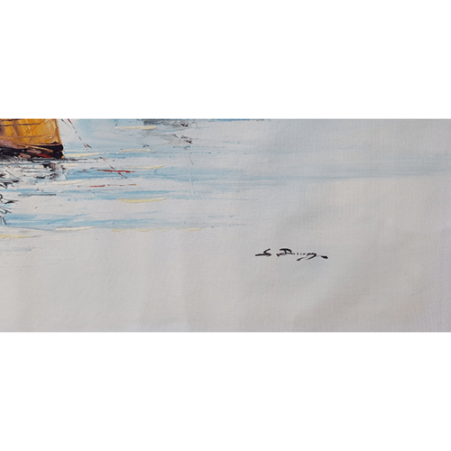 Boats at sea calm oil painting