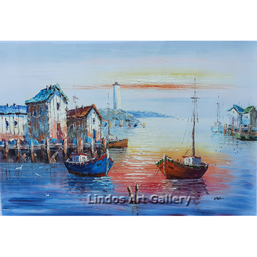 Boats and Lighthouse in Harbour Oil Painting
