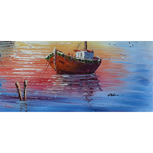 Boats and Lighthouse in Harbour Oil Painting